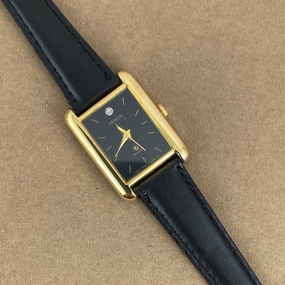 Vintage Jemis Tank Shaped Ladies Diamond Accent Black Dial Gold Plated Watch - Picture 2 of 8